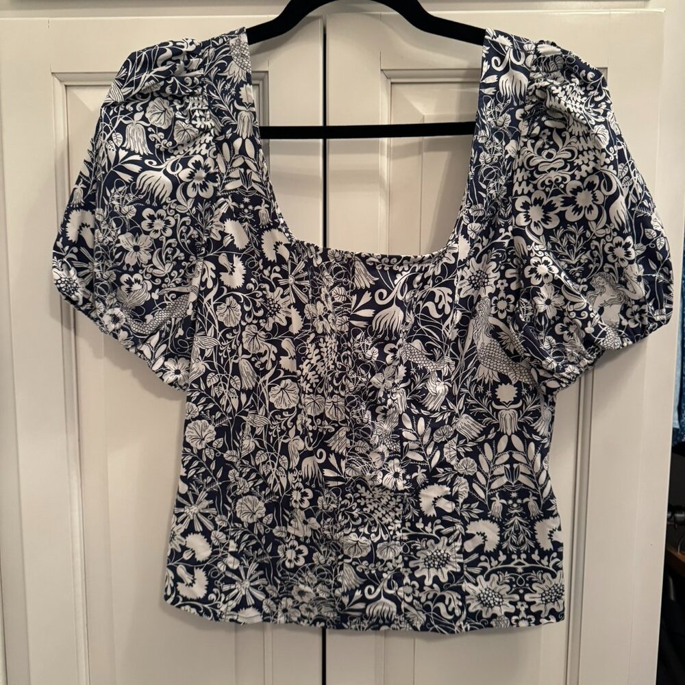 J Crew Navy blue and white floral top with elastic sleeves and a square neckline